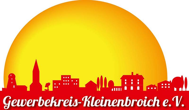 Logo des Gewerbekreises Kleinenbroich. Große gelbe Sonne im Hintergrund, im Vordergrund die Silouette von Kleinenbroich